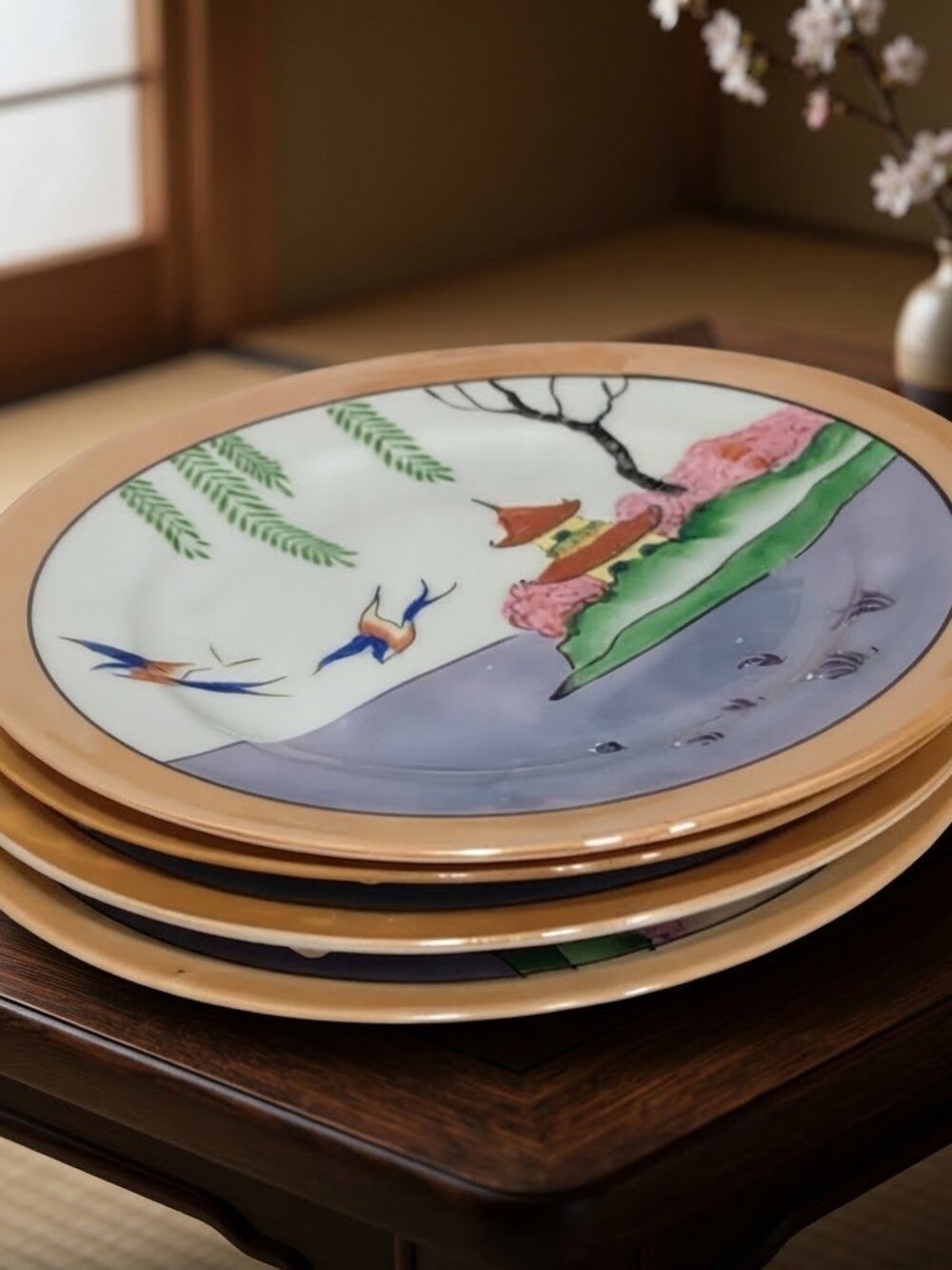 4 Vintage Japanese Hand Painted Gold Trim Lusterware Plates - Picture 8 of 16